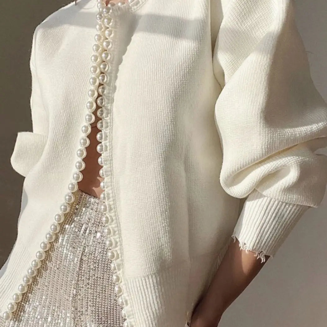 Pearl Trim Textured Knit Cropped Cardigan