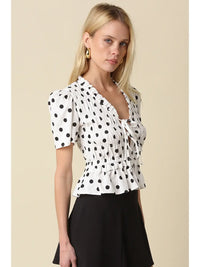 Polka Dot Smocked Peplum Top with Lace-Up Front and Puff Sleeves