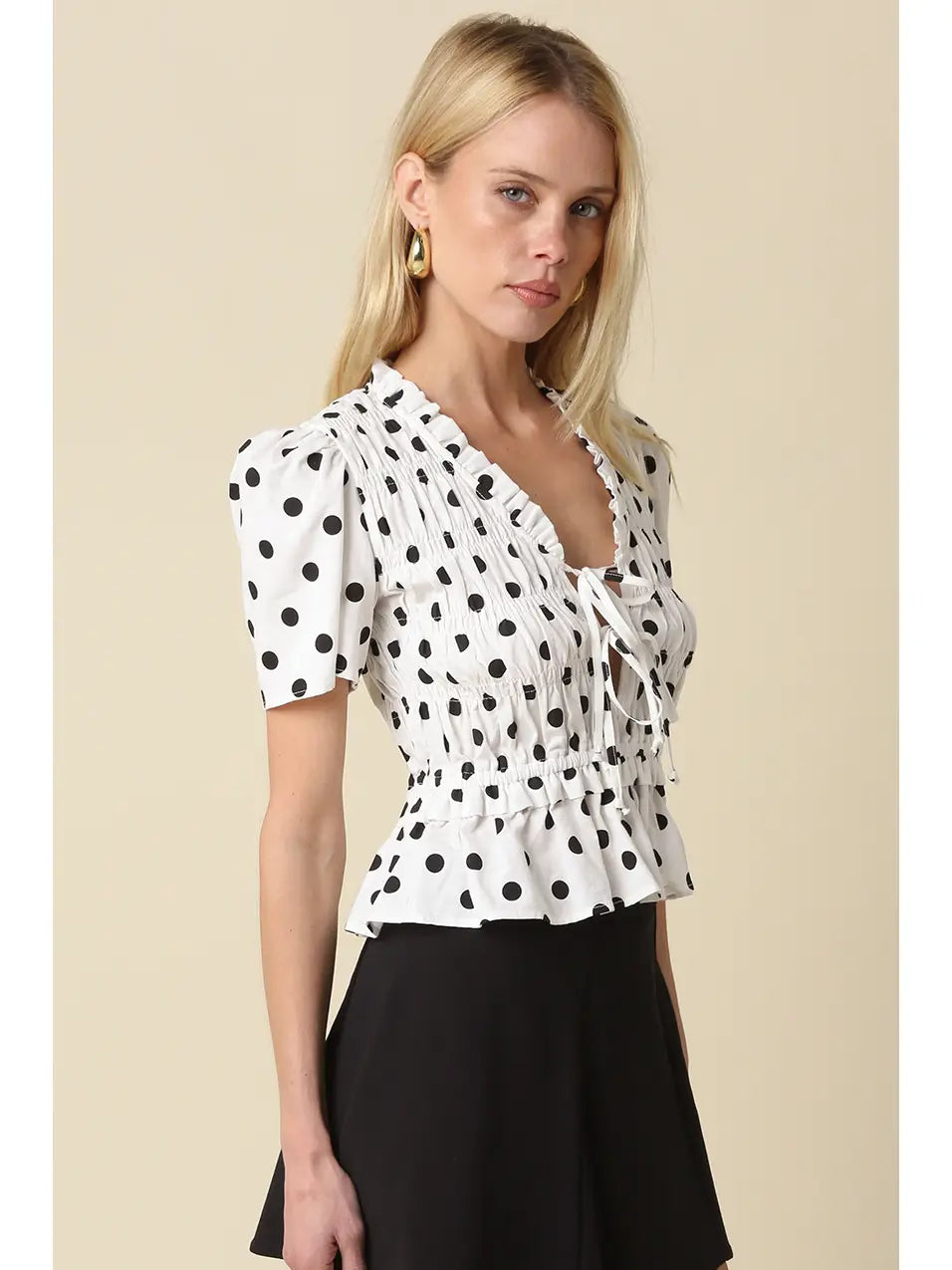 Polka Dot Smocked Peplum Top with Lace-Up Front and Puff Sleeves