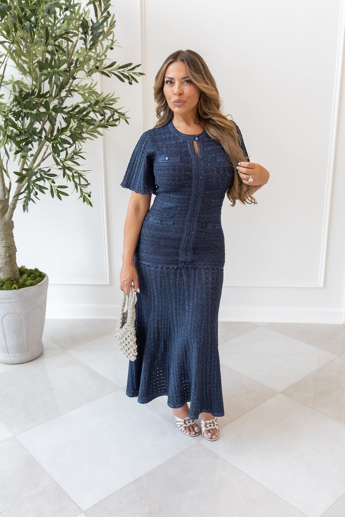 Navy Shimmer Button-Front Maxi Dress — NJ7A9064