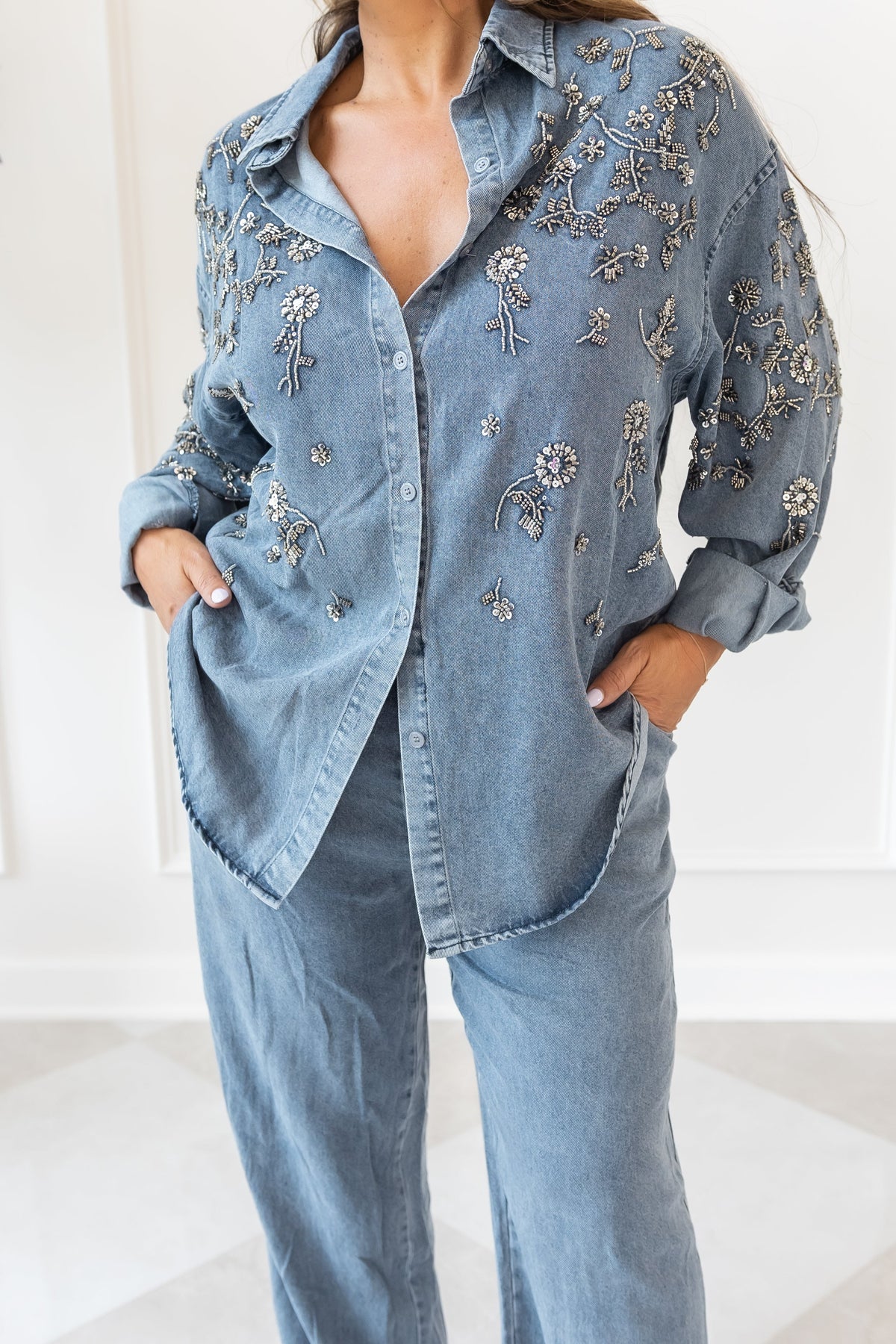 Crystal-Embellished Washed Denim Pant Set — NJ7A9632