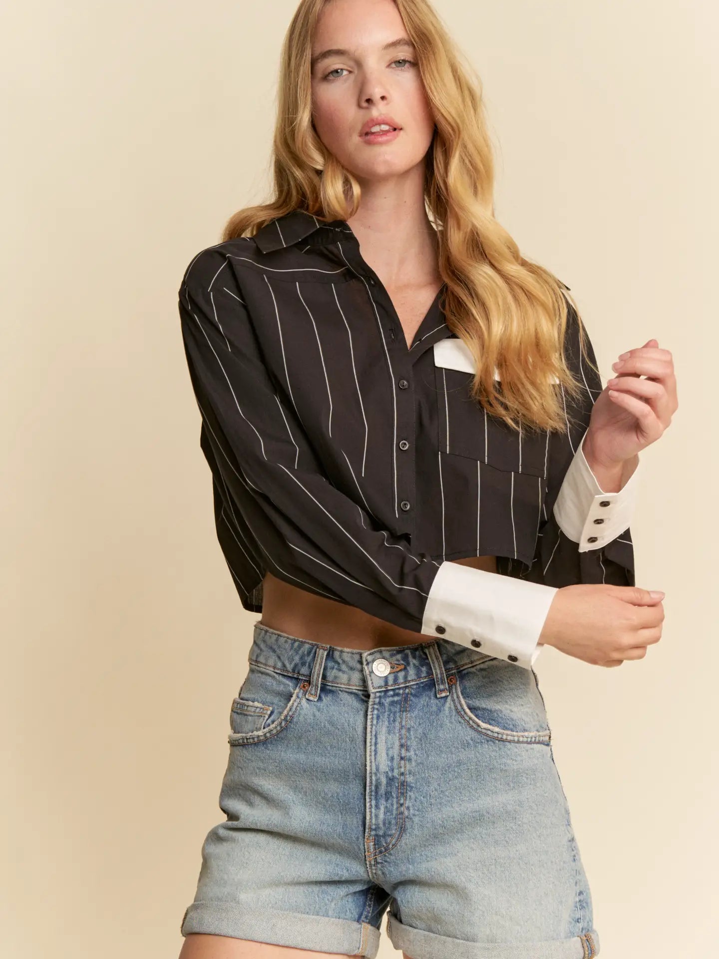 Cropped Pinstripe Button Down Shirt with Contrast Cuffs