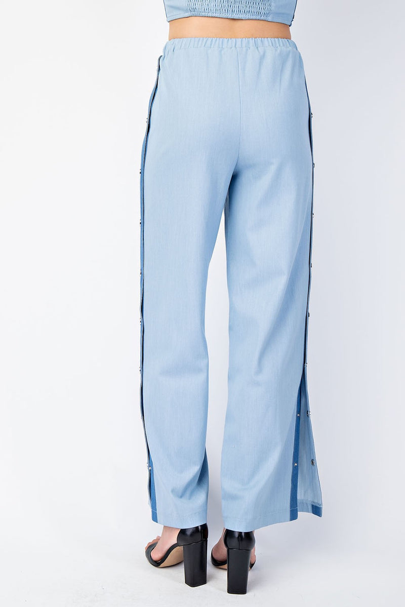 ELASTIC WAIST CHAMBRAY PANTS W/ CONTRAST SIDE