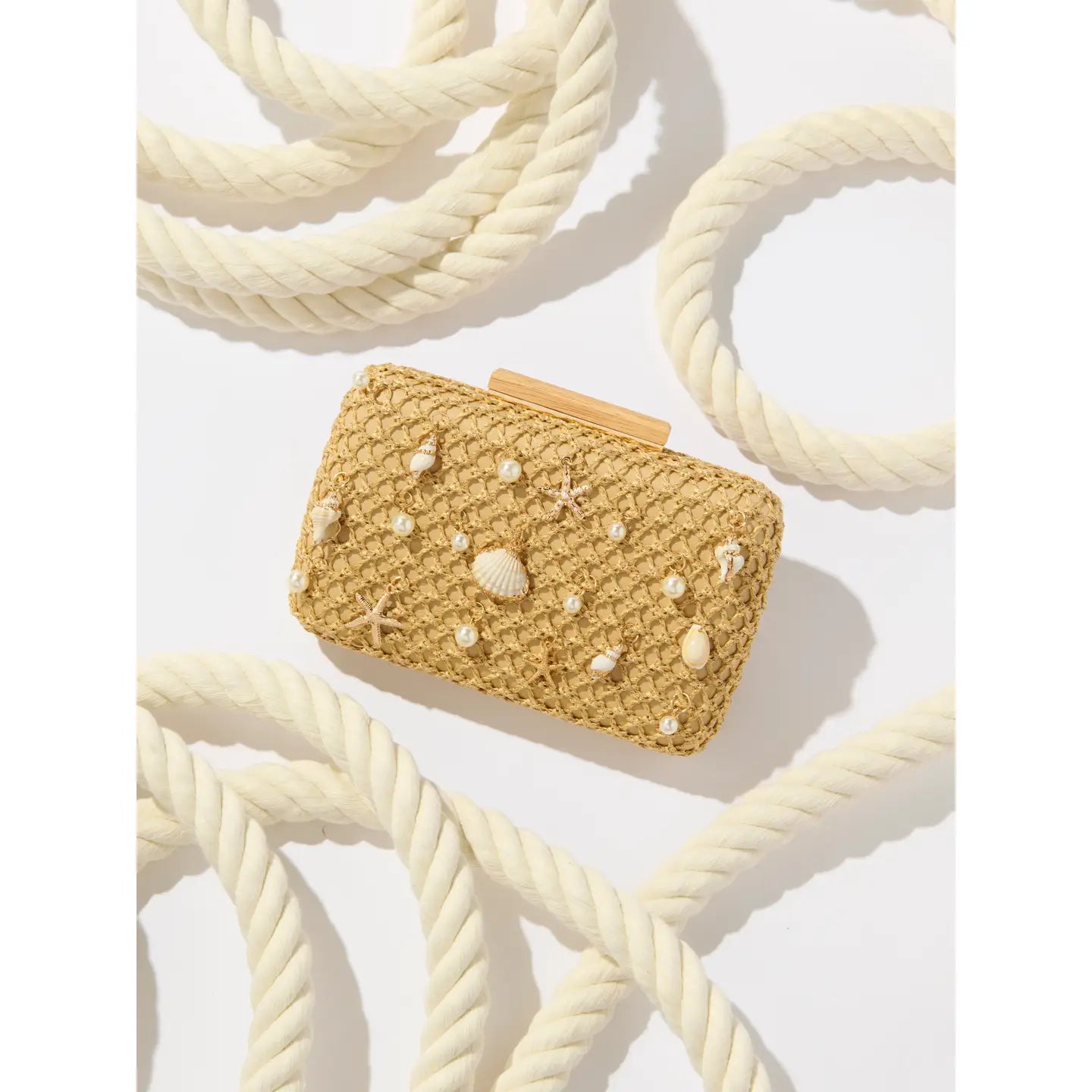 Seashell Charm Woven Straw Clutch with Pearl Accents
