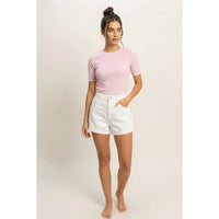 Pink Sheer Ribbed Short Sleeve Fitted Top