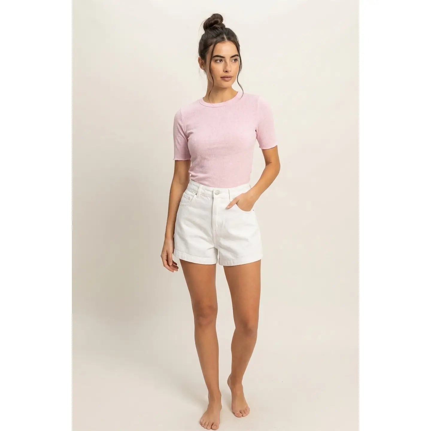 Pink Sheer Ribbed Short Sleeve Fitted Top