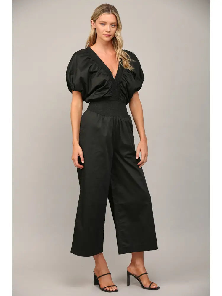 Wide Leg Puff Sleeve Jumpsuit in Classic Black