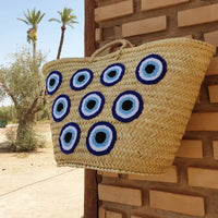 Moroccan Straw Tote Bag with Evil Eye Design French Market Basket