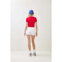 Red Ribbed Button Front Cropped Tee