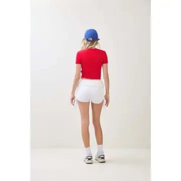 Red Ribbed Button Front Cropped Tee