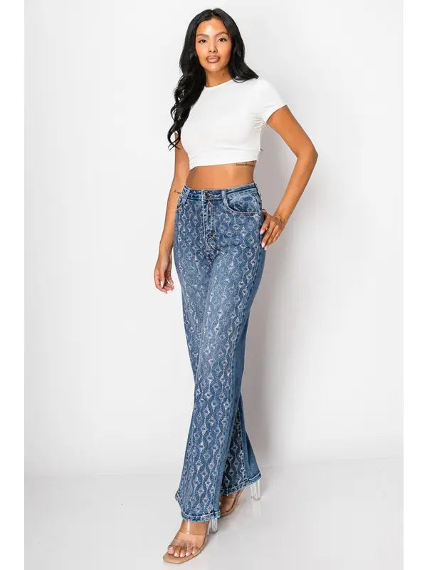 Wide-Leg Denim Jeans with Silver Sequin Geometric Pattern Medium Blue
