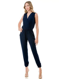 Navy Sleeveless Surplice Jogger Leg Jumpsuit