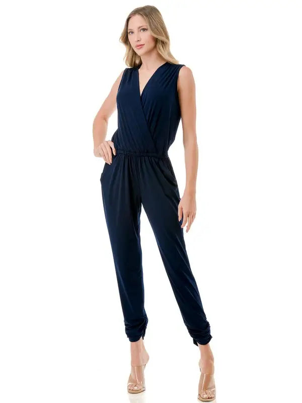Navy Sleeveless Surplice Jogger Leg Jumpsuit