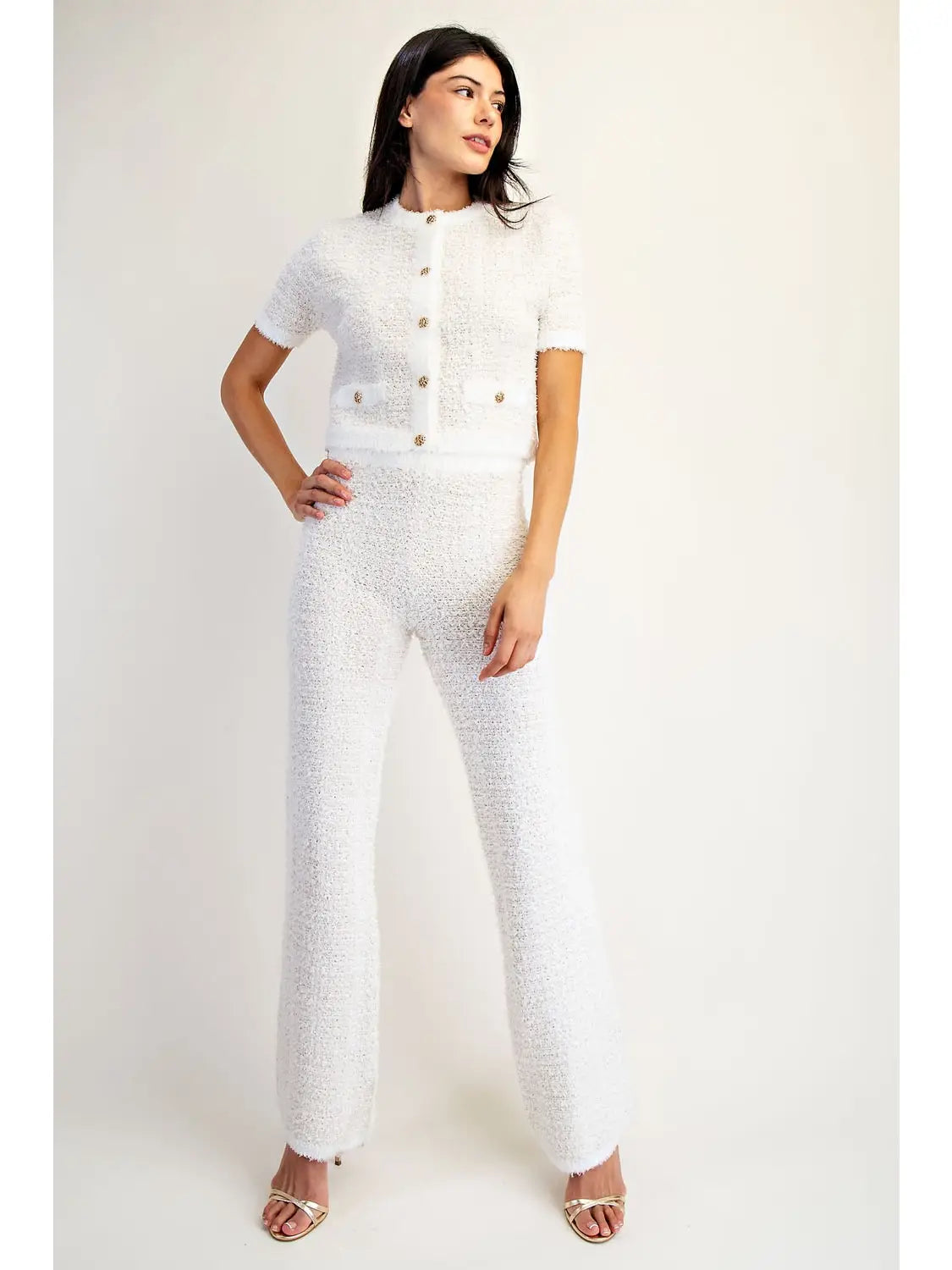 White Textured Knit Button Front Cropped Top