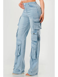 Light Wash Multi Pocket Cargo Wide Leg Jeans