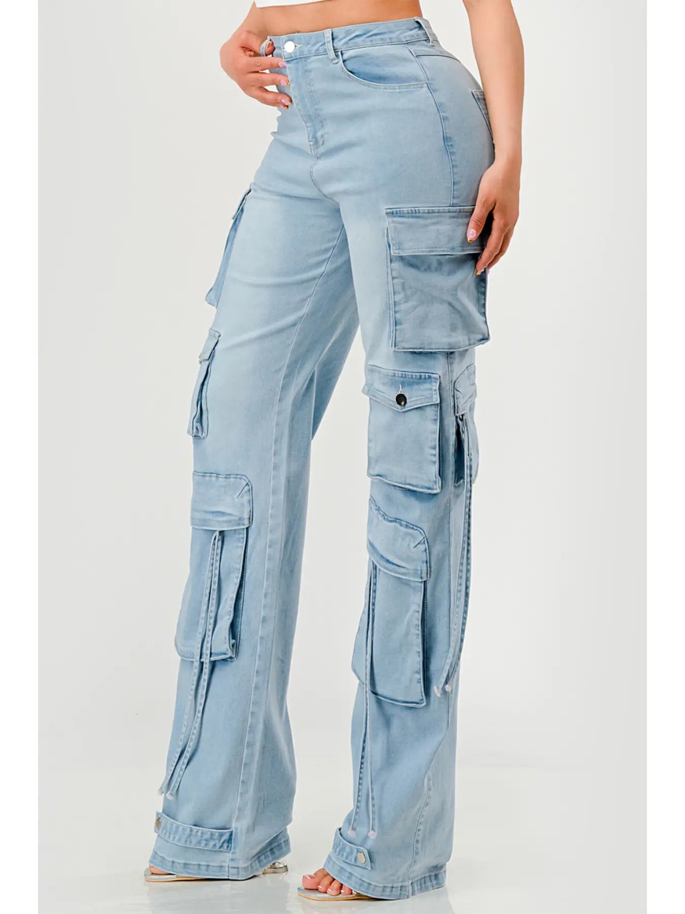 Light Wash Multi Pocket Cargo Wide Leg Jeans