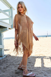 GLITTER TASSEL MESH 1/2 SLEEVE LOOSE FIT KIMONO COVER UP GOLD