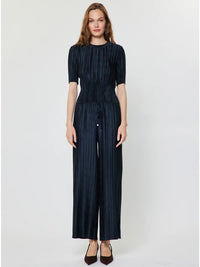 Pleated Textured Short Sleeve Knit Top Navy