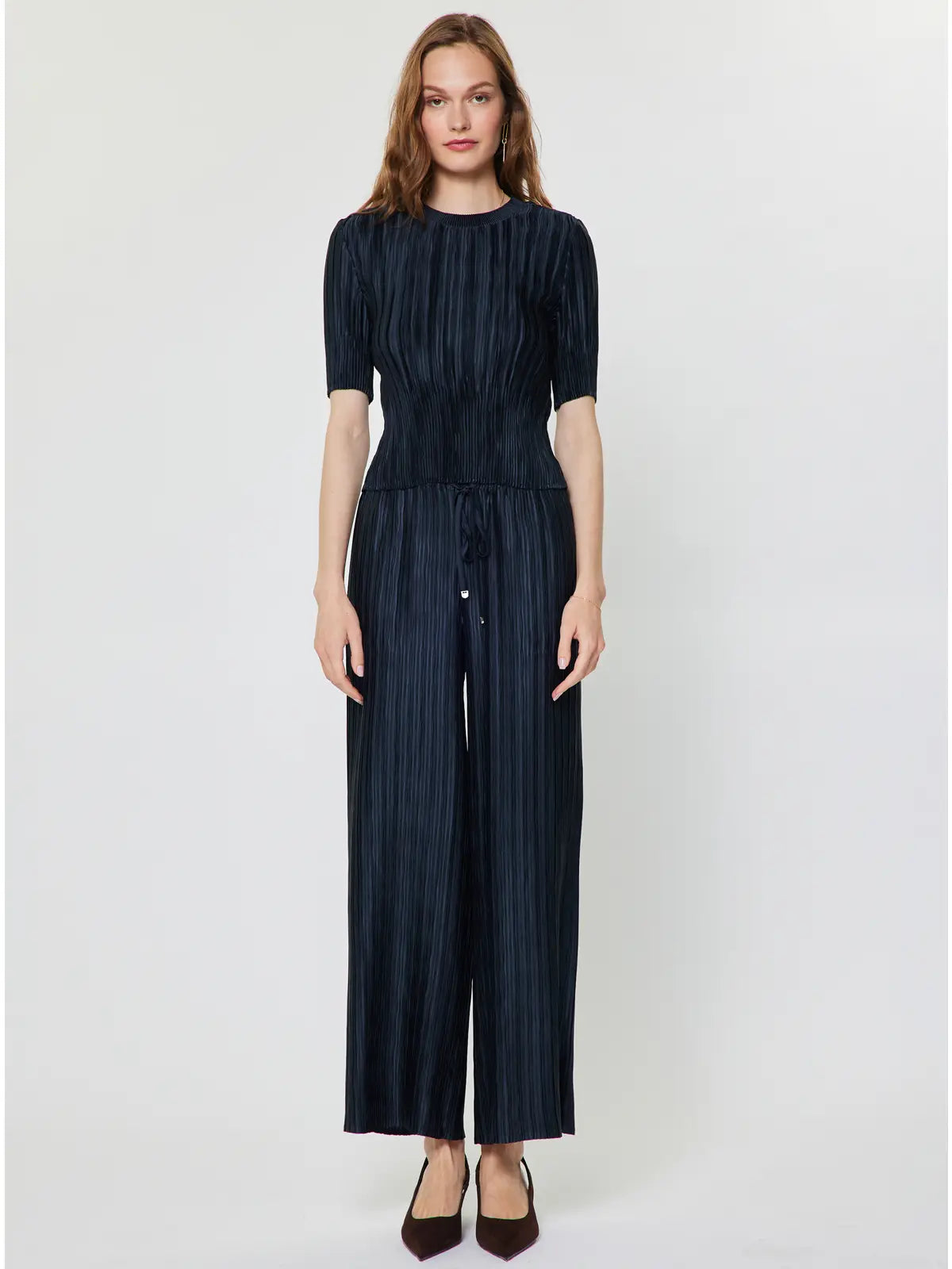 Pleated Textured Short Sleeve Knit Top Navy