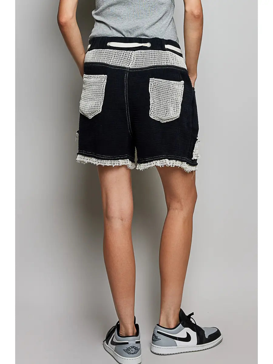 Vintage Crochet Patch Drawstring Casual Shorts