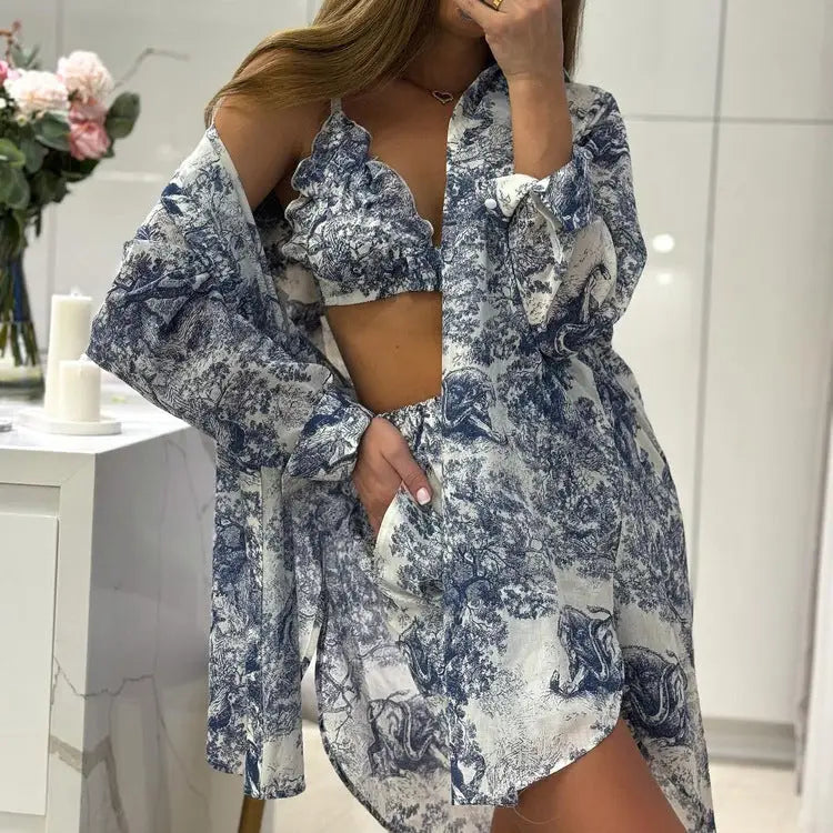 Blue Toile Print Three-Piece Bralette Shorts and Kimono Set