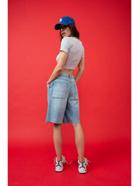 Gray Ribbed V-Neck Crop Top with Ribbon Tie Shoulder Detail