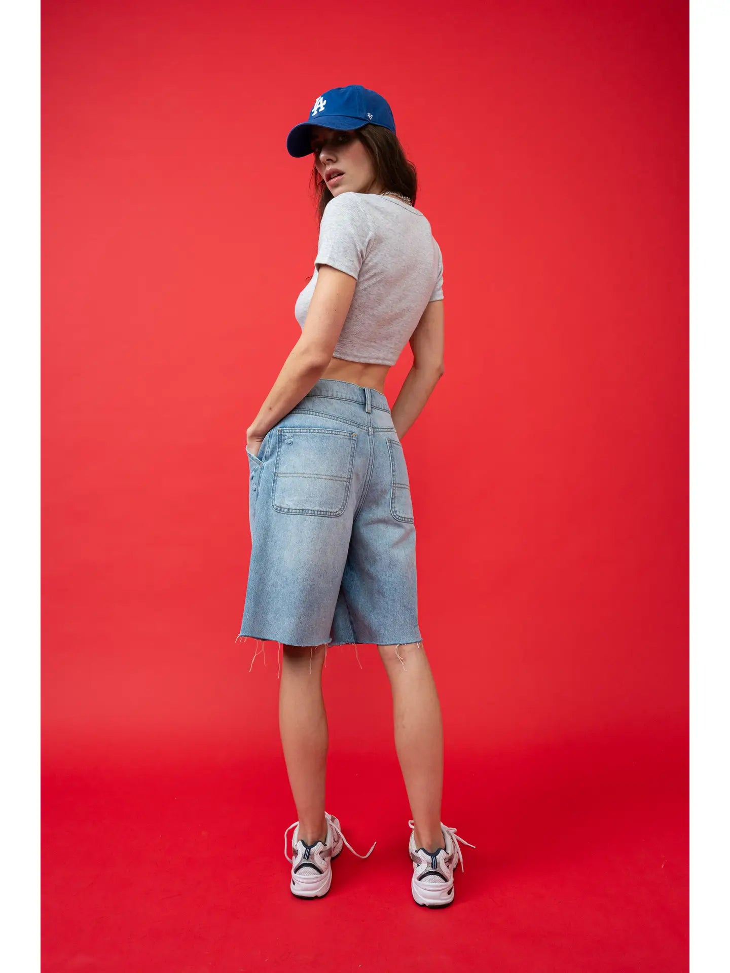 Gray Ribbed V-Neck Crop Top with Ribbon Tie Shoulder Detail