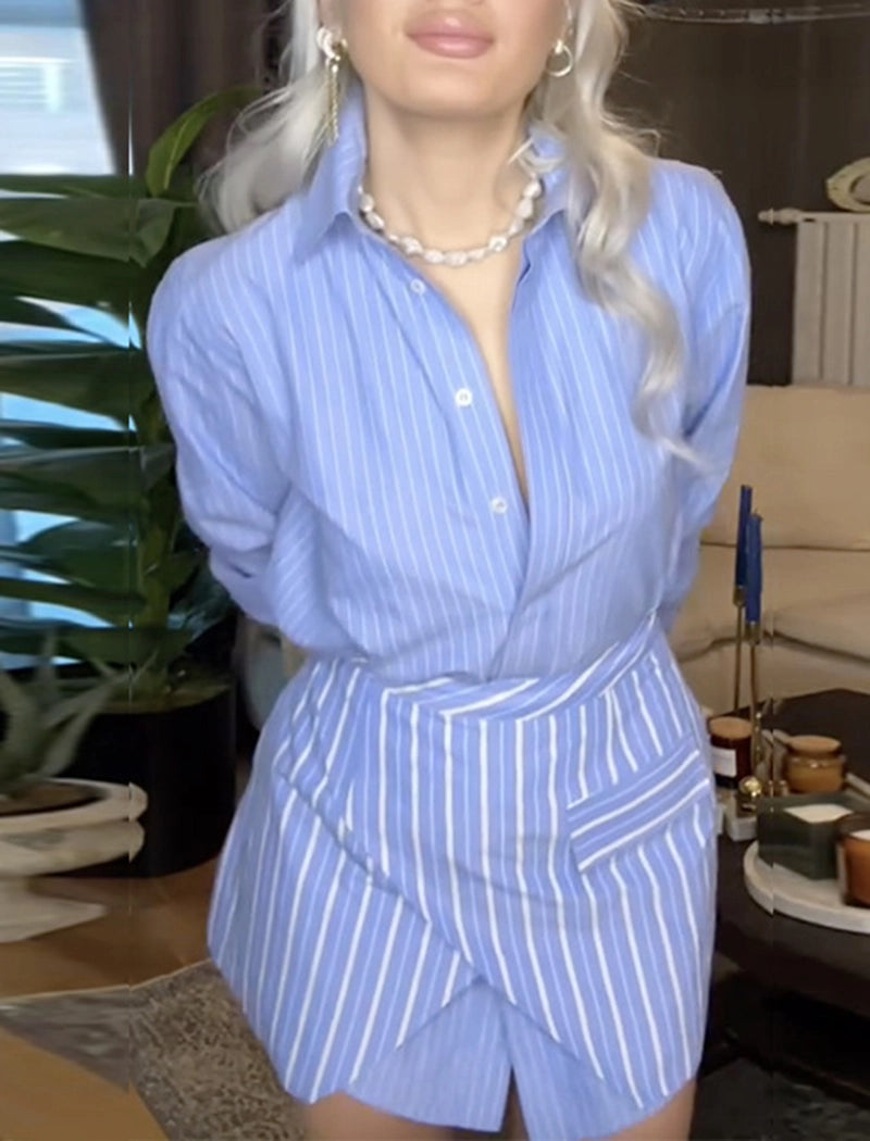 Striped Button Down Shirt and Wrap Shorts Two Piece Set