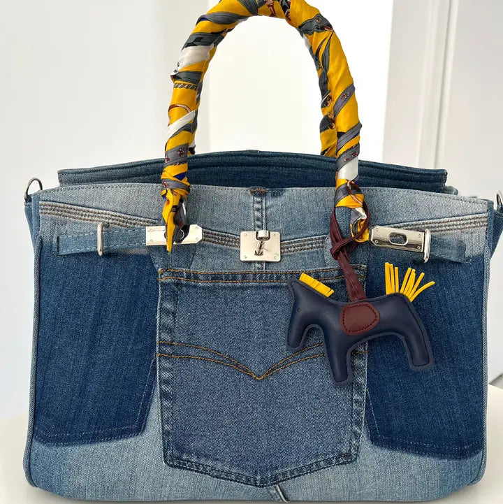 Denim Patchwork Tote Bag with Scarf Wrapped Handles and Charm Detail