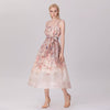 Floral Organza Midi Dress with Spaghetti Straps and Waist Tie
