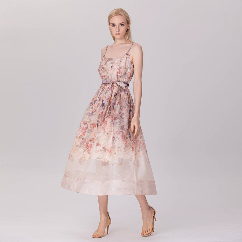 Floral Organza Midi Dress with Spaghetti Straps and Waist Tie