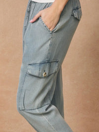 Washed Denim Cargo Jogger Pants with Drawstring Waist