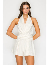 White Pinstripe Halter Romper with Wrap Waist Detail