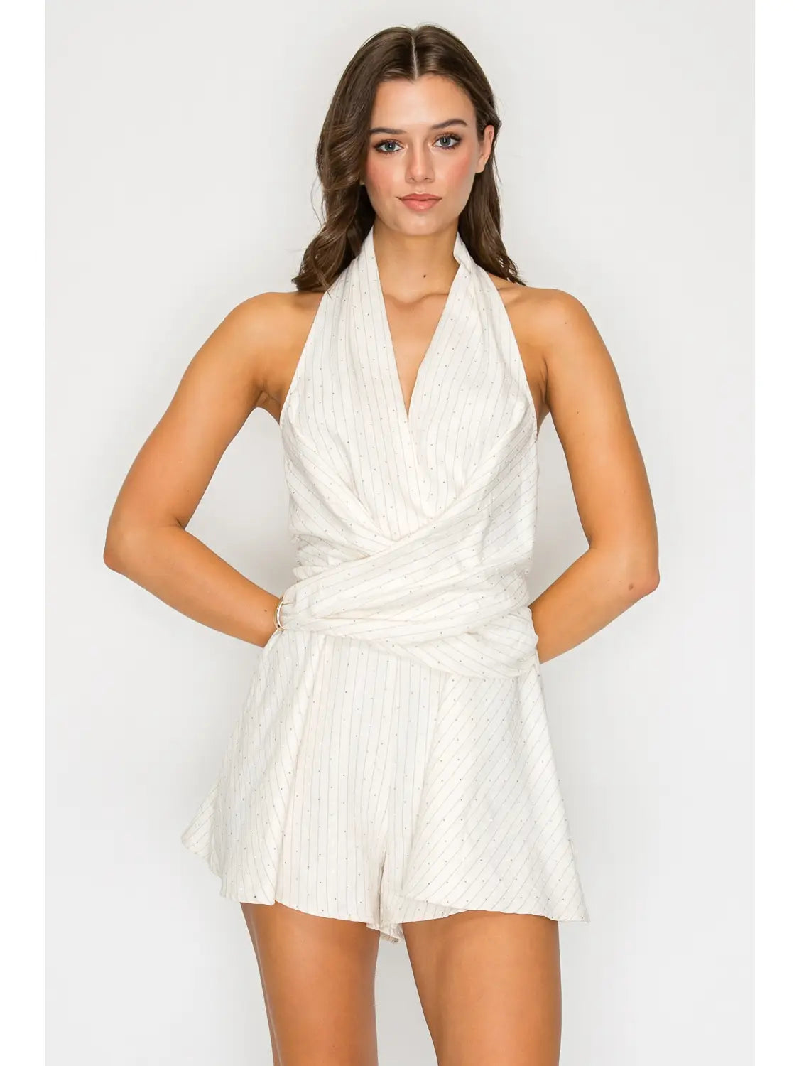 White Pinstripe Halter Romper with Wrap Waist Detail