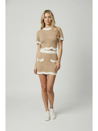Nude Textured Knit Crop Top and Mini Skirt Set with Contrast Trim