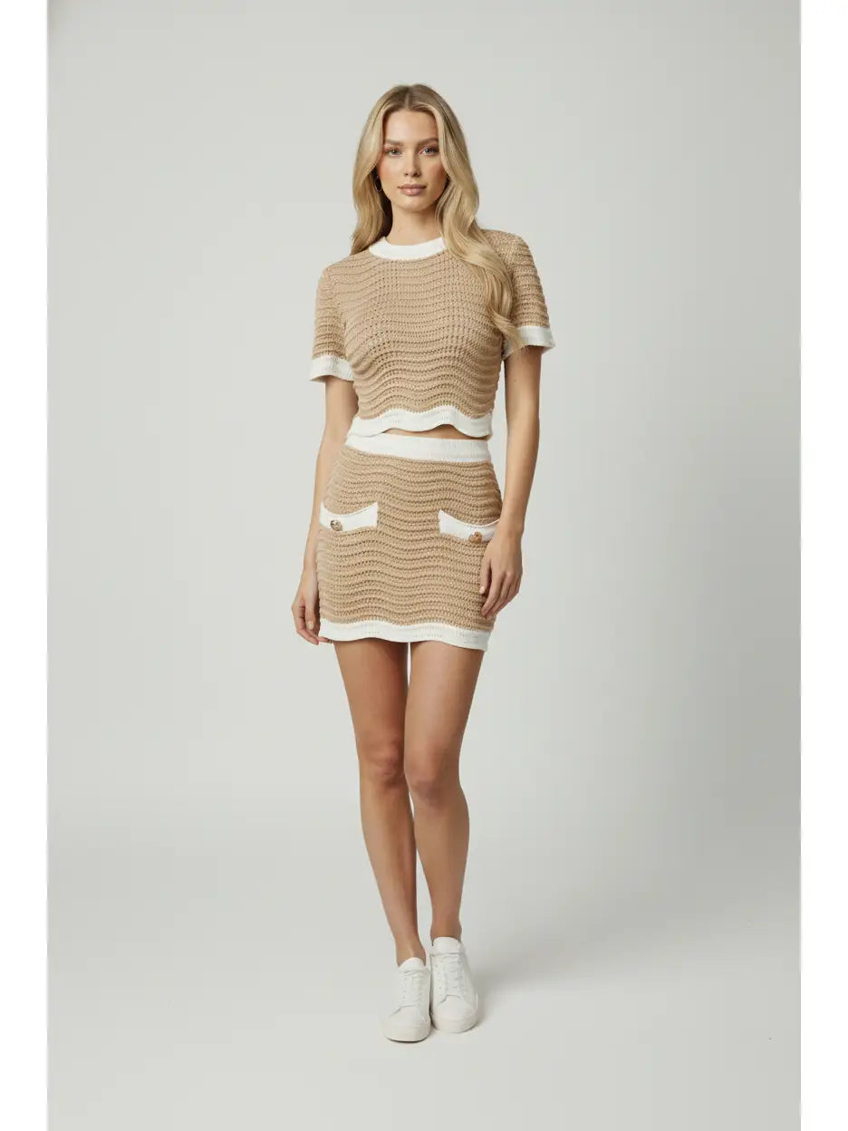 Nude Textured Knit Crop Top and Mini Skirt Set with Contrast Trim