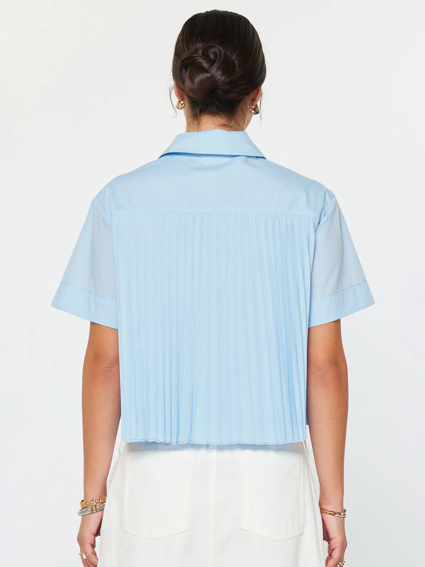 Light Blue Cropped Button-Up Shirt with Pleated Back Detail