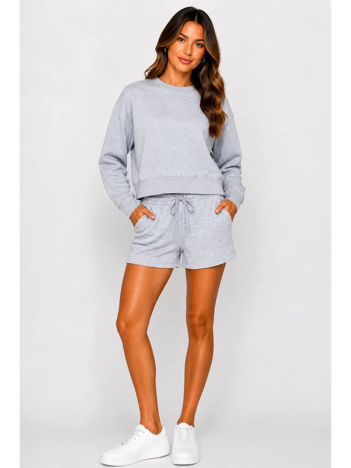Gray Long Sleeve Lounge Set with Drawstring Shorts