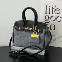 Two-Tone Structured Satchel with Gold Lock Charm and Crossbody Strap