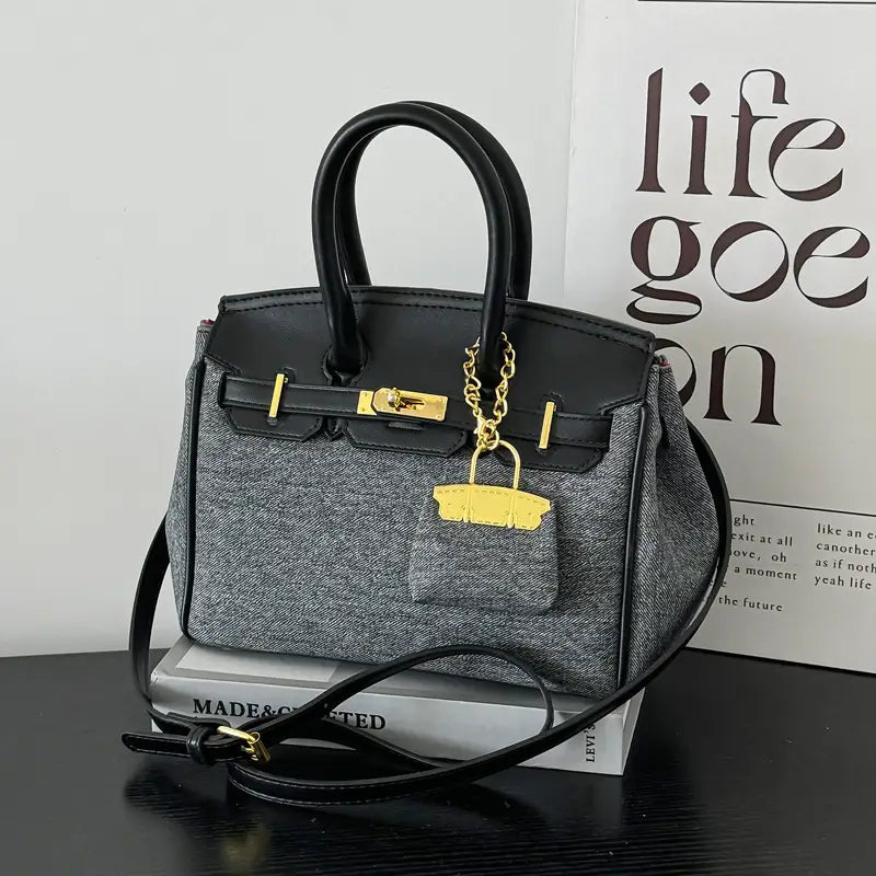Two-Tone Structured Satchel with Gold Lock Charm and Crossbody Strap