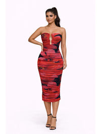Ruched Strapless Red Print Bodycon Midi Dress