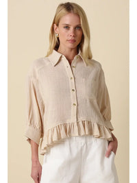 Lightweight Ruffle Hem Button-Up Blouse with Puff Sleeves in Nude