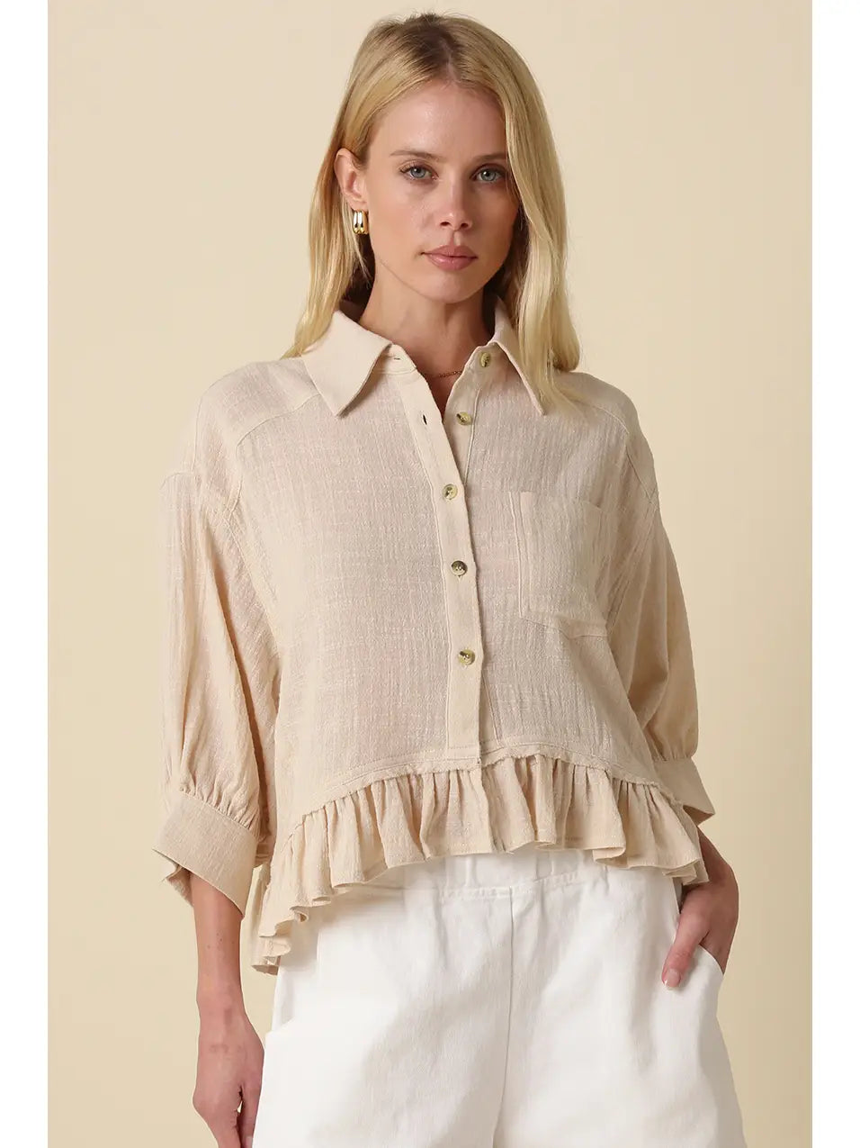Lightweight Ruffle Hem Button-Up Blouse with Puff Sleeves in Nude
