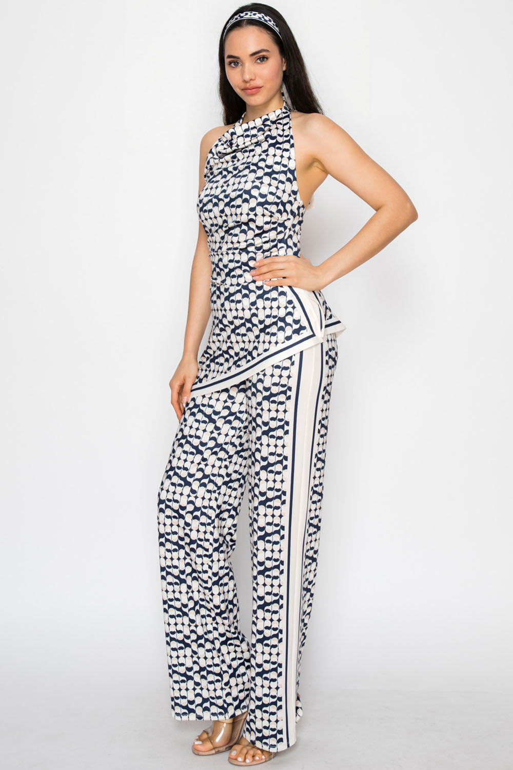 Geometric Print Halter Neck Wide Leg Jumpsuit