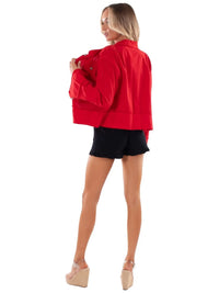 Red Cropped Utility Jacket with Button Front and Pocket Detail