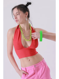 Orange Ribbed Halter Neck Crop Top with Deep V Neckline