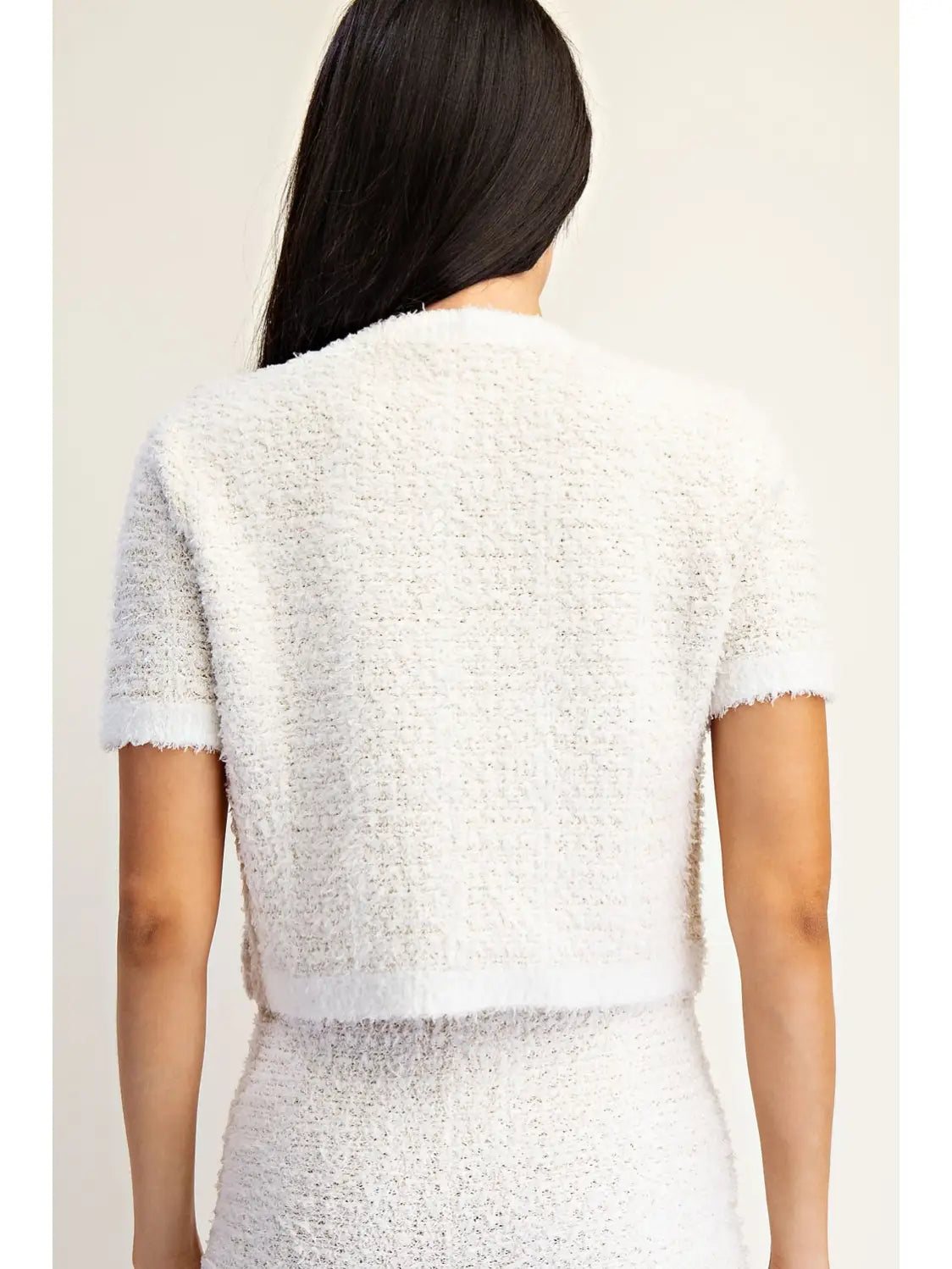 White Textured Knit Button Front Cropped Top