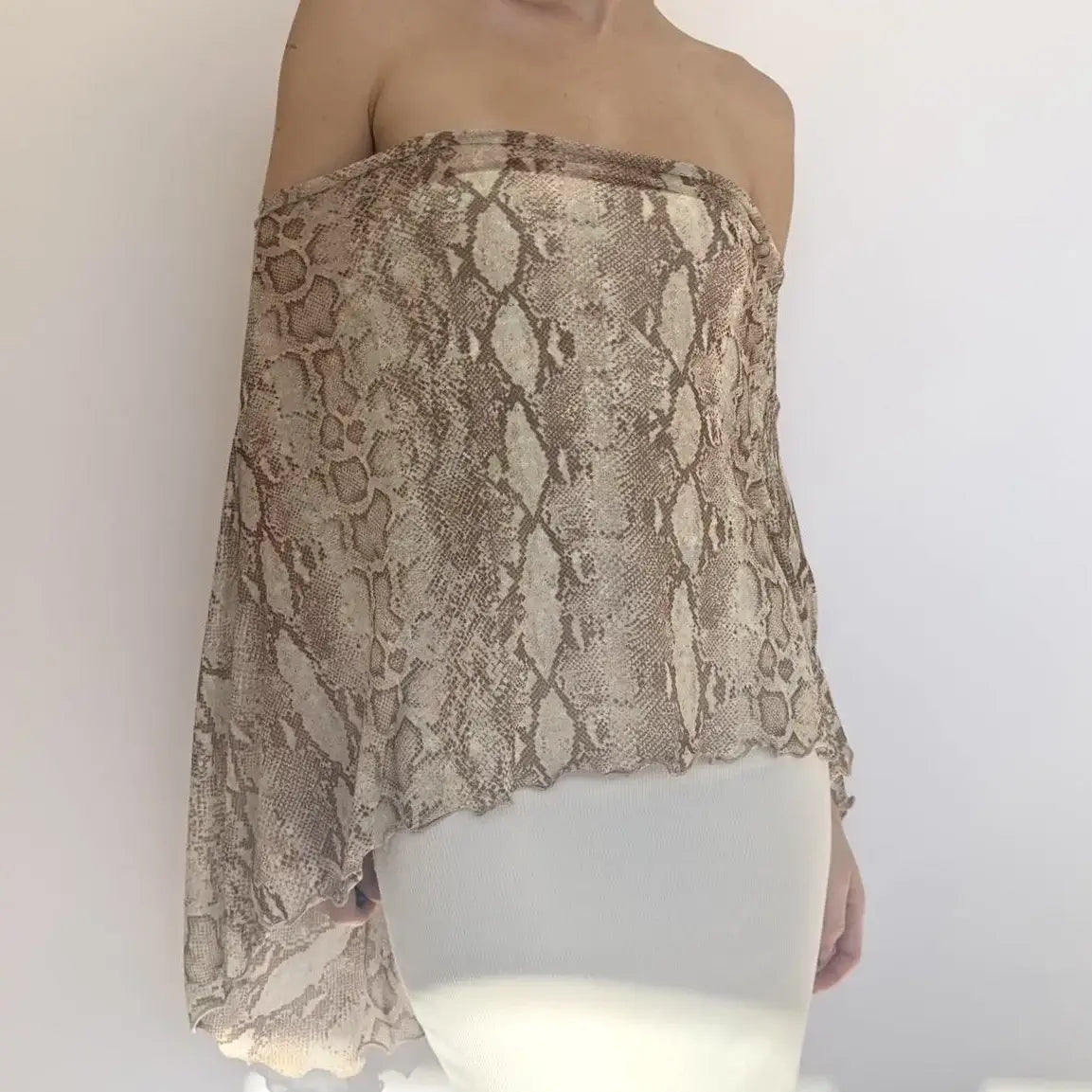 Nude Animal Print Sheer Off-Shoulder Draped Wrap Top