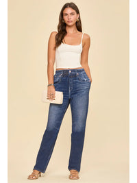 High Rise Elastic Waist Straight Leg Jeans in Dark Denim Ombre Wash