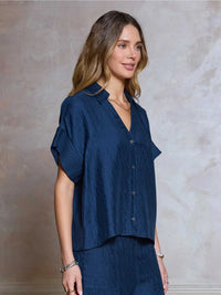 Blue Textured Button Front Short Sleeve Blouse